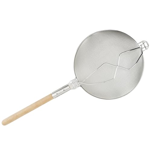Winco 14" Tan Double Mesh Tin-Plated Steel Strainer, Nickel Plated