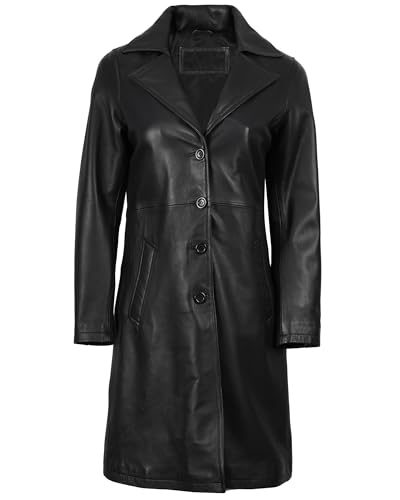 fjackets Lambskin Stylish Leather Car Coats for Womens - Real Long Leather Jacket Women Casual Leather Coat - color: Black, size: Medium