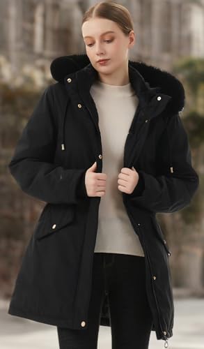 MOERDENG Women's Long Winter Down Coat Thicken Fleece Lined Puffer Jacket | Faux Fur Detachable Hood Parka Warm,Waterproof and Windproof Overcoat - color: Black, size: XX-Large