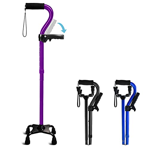 Adjustable Walking Cane for Men & Women with 4-Pronged Base for Extra Stability - Foldable Cane for Seniors with Foam Padded Offset Handle for Soft Grip & a Second Handle for Standing - color: Purple