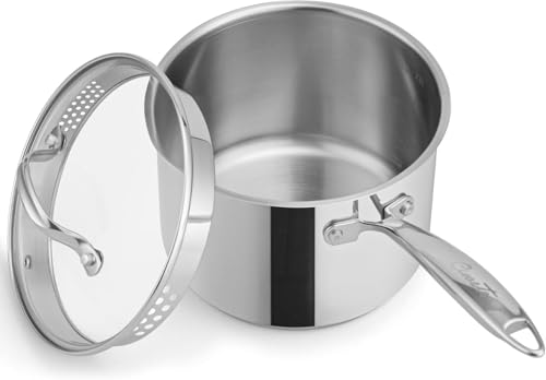 Ciwete 3 Qt Stainless Steel Saucepan with Glass Strainer Lid, 3 Quart Pot Stainless Steel Sauce Pan with Pour Spout, Mirror Polishing, Compatible with All Cooktops Dishwasher Safe Oven Safe - size: 3 Quart (With Glass Strainer Lid)