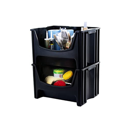 Mighty Tuff Jumbo Stackable Storage Bins, Pack of 3, Easy-Access Storage, Large Easy-to-Grip Handles, Wide Front Opening, Interlocking, Stack Vertically, Black - size: Jumbo
