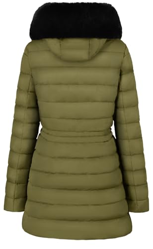 BodiLove Women's Fur Hooded Thickened Jacket with Fleece Lining - color: Light Olive Hip-length, size: Small