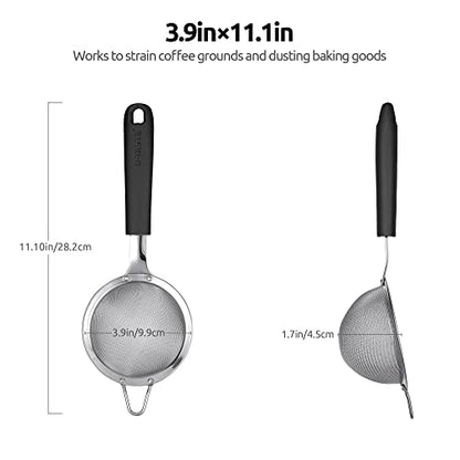 18/8 Stainless Steel Mesh Strainer: U-Taste 3.9 Inch Kitchen Fine Mesh Sieve Food Colander with Riveted Sturdy Silicone Handle and 30 Mesh Hole for Straining Flour, Quinoa, Tea, Juice (Black) - color: (2) Black, size: Small (3.9 x 11.1 in)