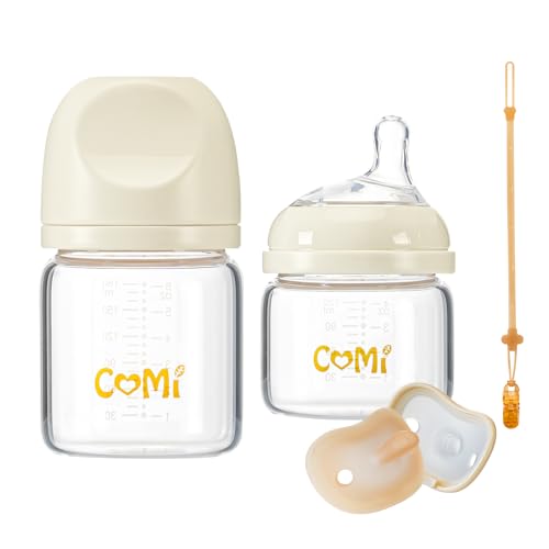 COMI Natural Glass Baby Bottles for Breastfeeding Babies,Newborn Anti-Colic Baby Bottle Set with Slow Flow Nipple,0-3 Months,BPA-Free,4 oz and 6 oz,2 Pack - style: 4 oz+6 oz(2 Pack with Pacifier)