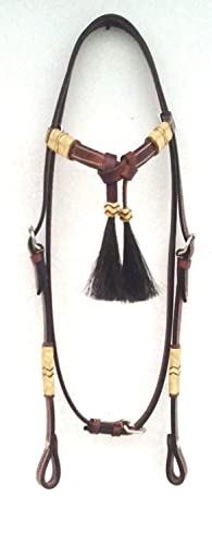 Western Horse Headstall Standard Size – Adjustable Hand Braided Genuine Leather Bridle with Brown Rawhide Knotting Futurity Knot Black Color Hair Tassels, Western Riding Tack, Dark Brown (Full Size) - size: Full
