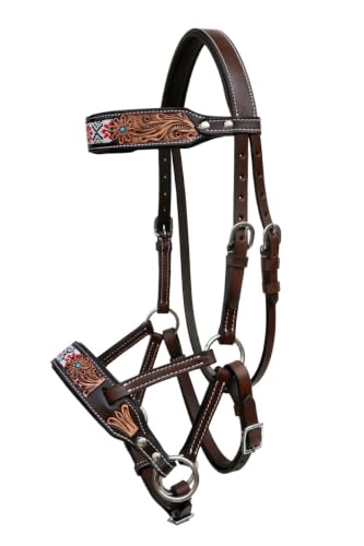 Horse Western Tan Leather Padded Bitless Training Sidepull Bridle Reins - color: Floral Beaded White