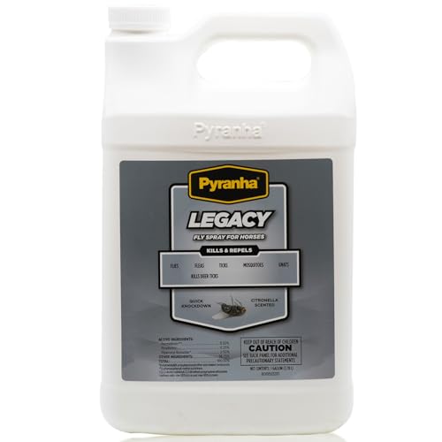 PYRANHA Legacy Fly Spray for Horses - Water-Based Long Lasting Fly Control Repels Horn, Deer, Horse, House, Stable, & Face Flies, Ticks, Mites, Mosquitoes, Gnats & Lice, 1 Gallon - size: 1 Gallon