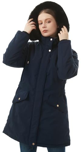 MOERDENG Women's Long Winter Down Coat Thicken Fleece Lined Puffer Jacket | Faux Fur Detachable Hood Parka Warm,Waterproof and Windproof Overcoat - color: Navy, size: Medium