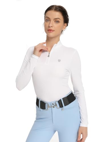 Harrison Howard Women’s Equestrian Riding Shirt, UPF 50+ Quarter Zip Breathable Horse Riding Top, Quick Dry Schooling Shirt - color: White, size: Small