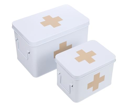 Lassos Boutique 13" Retro Enameled First Aid Box, Medicine Storage with Lid, Tray, Dividers, White/Tan