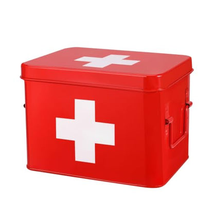 Flexzion Large Metal First Aid Box Empty, 8.5-Inch, Red with White Cross - color: Red, size: 8.5 Inch without Latch Lock
