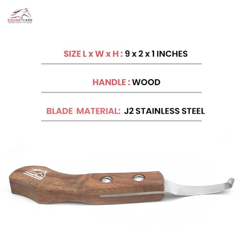 Equine Care Left-Handed Farrier Hoof Knife, Sheesham Wood Handle | Farrier hoof knife with genuine Sheesham wood handle; curved J2 stainless steel blade; brass screws; RH or LH - style: Left Handed