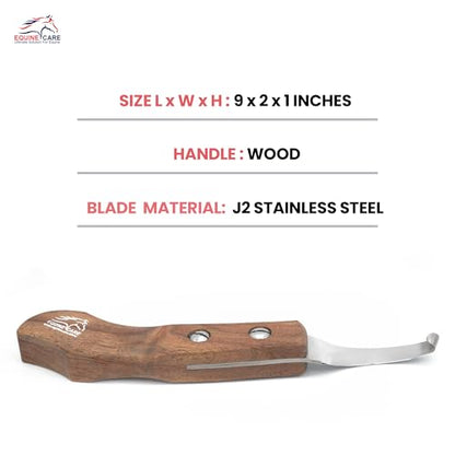 Equine Care Left-Handed Farrier Hoof Knife, Sheesham Wood Handle | Farrier hoof knife with genuine Sheesham wood handle; curved J2 stainless steel blade; brass screws; RH or LH - style: Left Handed