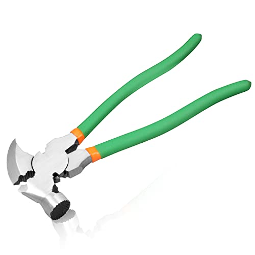 10.5 Inches Fencing Pliers with 2 Wire Cutters Multi Purpose Fence Tool Wire Twisting Pliers Nail Puller Chain Link Fence Puller Wire Fence Tools For Installing Maintaining Wire Fences - style: Fencing Pliers with Hammer End Green
