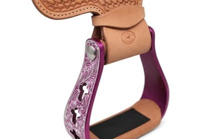 CHALLENGER Western Show Horse Saddle Stirrups Aluminum Leather Tread Cross Engraved 5145v - color: Pink with genuine Leather Tread