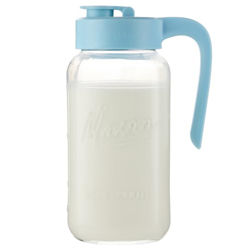 Mason Jar Pitcher, 64 oz (2 quart), Glass Pitcher with Lid | Airtight, Leak proof, Ergonomic Handle, Pour Spout Lid, Fridge Safe, for Sun Tea, Iced Tea, Cold Brew, Lemonade, Outside - color: Sky