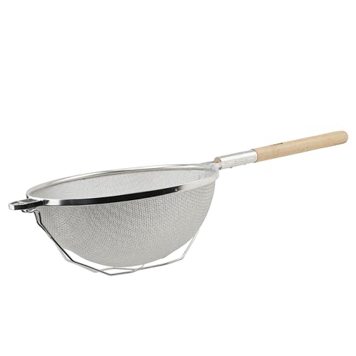 Winco 14" Tan Double Mesh Tin-Plated Steel Strainer, Nickel Plated