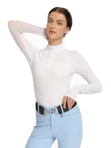 Harrison Howard Women's Long Sleeve Riding Top with Half Mesh Arms, UPF 50+ Quick-Dry Summer Shirt with Stylish Neckline - color: White, size: Large