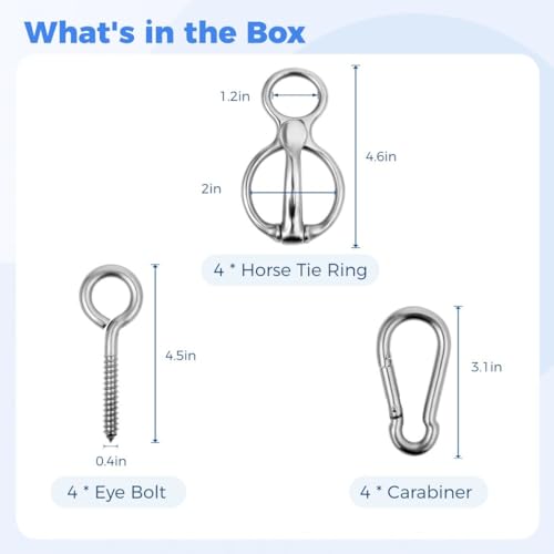 Homaisson 4 PCS Horse Tie Rings, Horse Tie Ring with Quick Snap and Eye Bolt, Heavy Duty Stainless Horse Tack and Supplies, Magnetic Safe Horse Tie Ring, Horse Training Equipment for Pulling Back