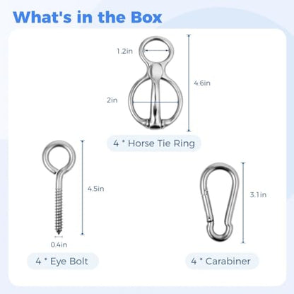 Homaisson 4 PCS Horse Tie Rings, Horse Tie Ring with Quick Snap and Eye Bolt, Heavy Duty Stainless Horse Tack and Supplies, Magnetic Safe Horse Tie Ring, Horse Training Equipment for Pulling Back