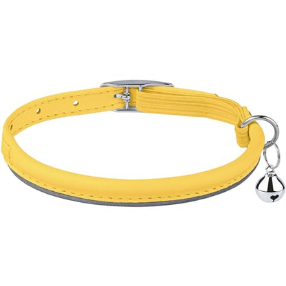 OOPSDOGGY Rolled Leather Cat Collar with Bell, Reflective Kitten Collars with Buckle Include Safety Elastic Strap - Adjustable Small Pet Collars for Boy Girl Cats (Yellow) - color: Yellow