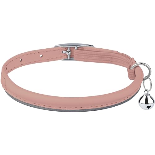 OOPSDOGGY Rolled Leather Cat Collar with Bell, Reflective Kitten Collars with Buckle Include Safety Elastic Strap - Adjustable Small Pet Collars for Boy Girl Cats (Blush) - color: Blush