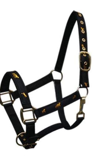 Adjustable Cob Size Neoprene Lined Nylon Halter w/Running Horse Overlay - color: Black
