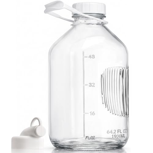 CUCUMI 1 Pack 64 Oz Glass Milk Bottle with Lid | 2 Qt /0.5 Gal Glass Juice Bottles for Almond Milk, Oat/Nut Milk with Exact Scale Lines Handle Extra 1 Silicone Dispenser Cap - color: 1pc-64oz