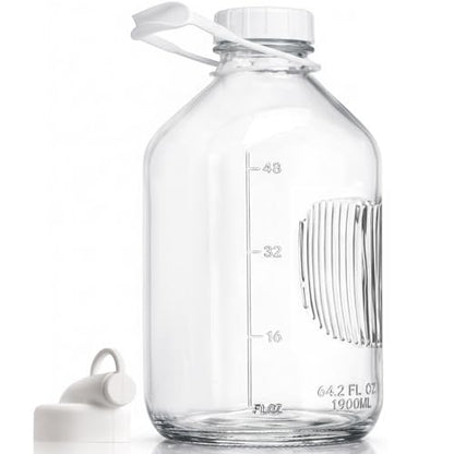 CUCUMI 1 Pack 64 Oz Glass Milk Bottle with Lid | 2 Qt /0.5 Gal Glass Juice Bottles for Almond Milk, Oat/Nut Milk with Exact Scale Lines Handle Extra 1 Silicone Dispenser Cap - color: 1pc-64oz