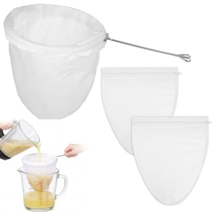 3 PCS Reusable Ultra Fine Mesh Strainer Bags with Stainless Steel Handle