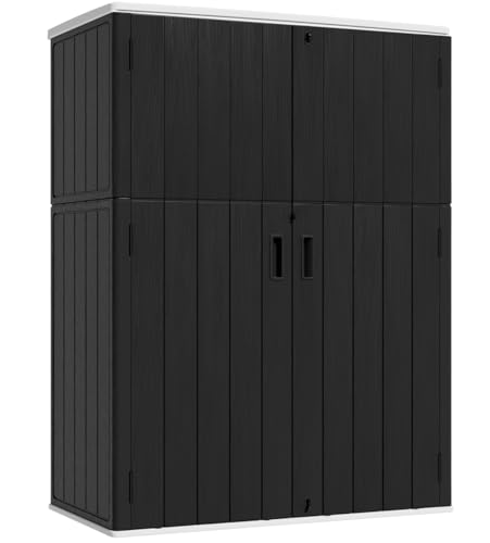 KINYING Outdoor Storage Shed,57 Cu.ft Vertical Outdoor Storage Cabinet Waterproof, Outdoor Resin Tool Shed for Patio Furniture, Garden Tools, Pool Accessories, Lawn Mower(Black Color) - color: 57 Cu.ft Vertical Shed Black