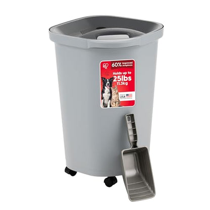 IRIS USA Dog Food Storage Container, Up to 25 lbs, Gray/Dark Gray | Made in USA, Comes with Wheels & 2-Cup Scoop, Airtight Seal, BPA-Free, Bird Seed, Cat food, Cat Litter, Treats, Pellets - color: Gray/Dark Gray, size: 25 lbs