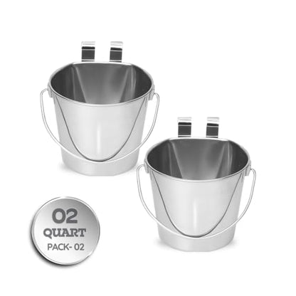 2 Quart Stainless Steel Flat Sided Bucket with Dual Hooks | 2 Pcs Durable Food & Water Bowl for Dog Cats Bird & Small Animals | Fits kennel Cage Crates Hanging Pet Pail | Multipurpose use - size: 2 Quart (Pack of 2)