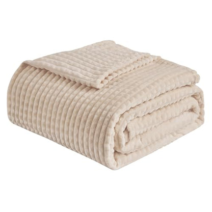 EMME Fleece Blanket, 3D Jacquard Throw Blanket for Couch and Bed, Soft Cozy and Fluffy Blankets Lightweight Luxury Flannel with Geometric Grid Design (Beige, 108" x 90") - color: 01-grid-beige, size: King