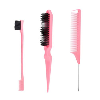 SWEET VIEW 3Pcs Slick Back Hair Brush | Rat Tail Comb, Edge | Bristle Brush, Sleek Ponytail/Bun Smoothing Baby Hair & Flyaways - color: Pink