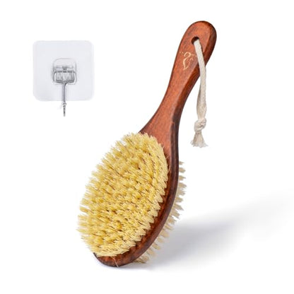 Short-Handle Dual-Sided Bath Massage Brush, Soft Boar & Firm Sisal Bristles, Portable (Red Oak)