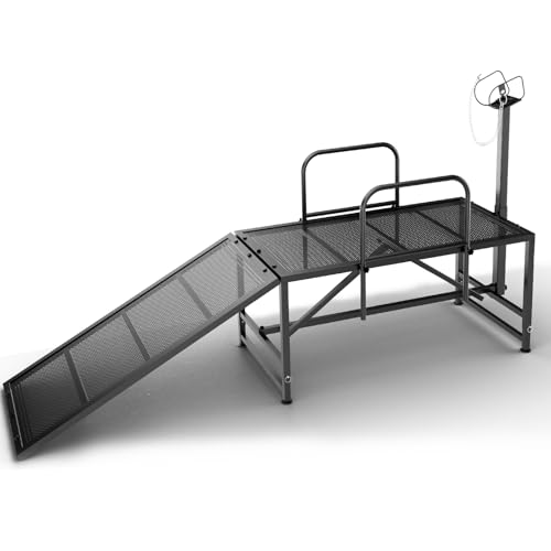 Goat Stand with Ramp for Sheep & Goats, Adjustable Height 20"-32", 47x23" Metal with Headpiece & Nose Loop for Hoof Trimming, Milking & Shearing