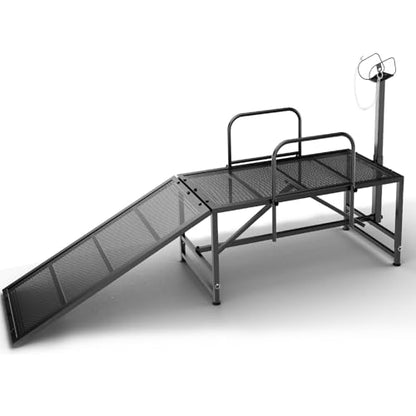 Goat Stand with Ramp for Sheep & Goats, Adjustable Height 20"-32", 47x23" Metal with Headpiece & Nose Loop for Hoof Trimming, Milking & Shearing