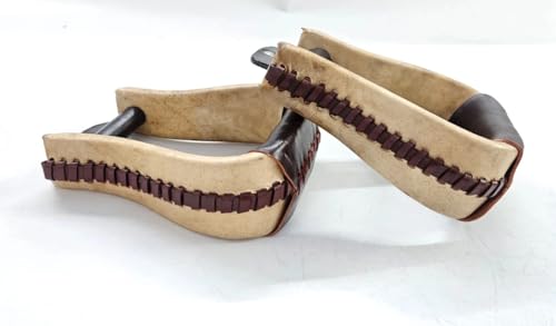 Western Rawhide Covered Horse Riding Stirrups, Pair | Wide Saddle Stirrup, 3" Neck, Leather Wrapped, Equestrian Tack