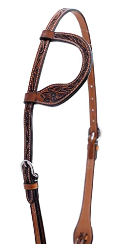 Majestic Ally Horse Headstall, Natural, Super Leather, Antique, Tooling, Quick Bit Change Single Ear Western Headstall - color: Natural