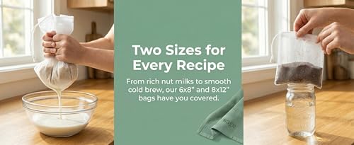 200 MESH Nut Milk Bag, 2 Sizes (6"x8" & 8"x12"), Reusable Food Grade Nylon Fine Mesh Strainer Bags with Drawstring for Juice, Soy Milk, Cold Brew Coffee, Tea