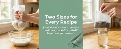 200 MESH Nut Milk Bag, 2 Sizes (6"x8" & 8"x12"), Reusable Food Grade Nylon Fine Mesh Strainer Bags with Drawstring for Juice, Soy Milk, Cold Brew Coffee, Tea