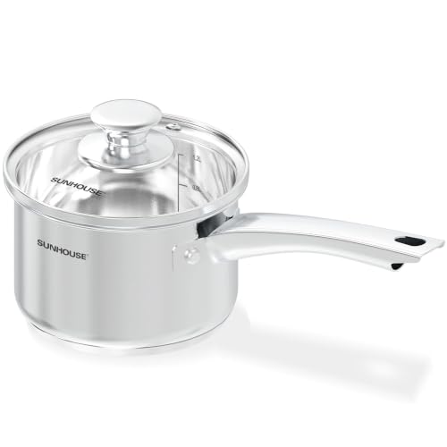 Sunhouse: Stainless Steel Saucepan - Classic: 1.5 Quart - Tempered Glass Lid, 3-Ply Bottom, Round-Edge Cookware Pot, All Cooktop-Oven-Dishwasher Safe