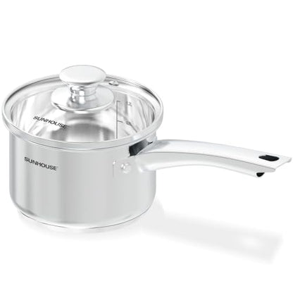 Sunhouse: Stainless Steel Saucepan - Classic: 1.5 Quart - Tempered Glass Lid, 3-Ply Bottom, Round-Edge Cookware Pot, All Cooktop-Oven-Dishwasher Safe