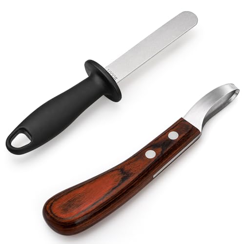 ZENFUN Hoof Knife with Sharpener, Double Edged Hoof Trimming Knife with Wooden Handle & 400/1000 Diamond Grit Rod, 8 Inch Farrier Tool Kit, Stainless Steel Blade Hoof Knife for Horses, Cattle Care