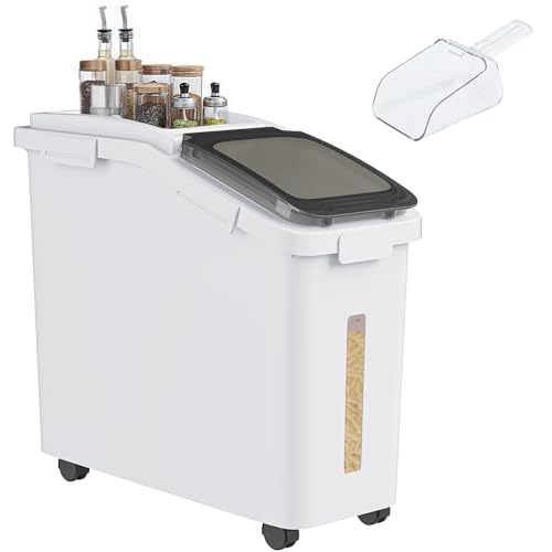 YITAHOME Large Flour Storage Container Ingredient Bins, 11.4-Gallon Rice Food storage Containers Bins with Wheels, Scoop and Airtight Lid for Bulk Rice, Cereal Grain, Sugar, White - color: White, size: 1-PIECE (11.4 gallons: 11.4 gallons)