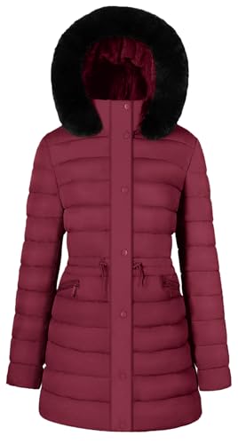 BodiLove Women's Fur Hooded Thickened Jacket with Fleece Lining - color: Burgundy Hip-length, size: Small