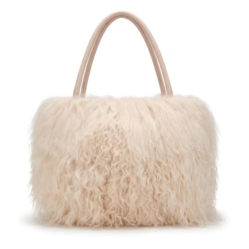 Women Luxury Real Curly Mongolian Lamb Fur Purse - color: Ivory