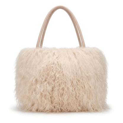 Women Luxury Real Curly Mongolian Lamb Fur Purse - color: Ivory